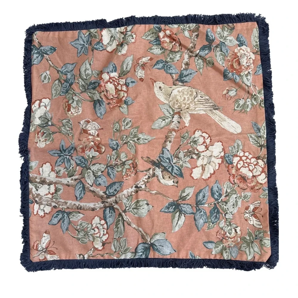 Pottery Barn Caverley Bird Floral Linen Velvet Fringe Pillow Cover 22x22